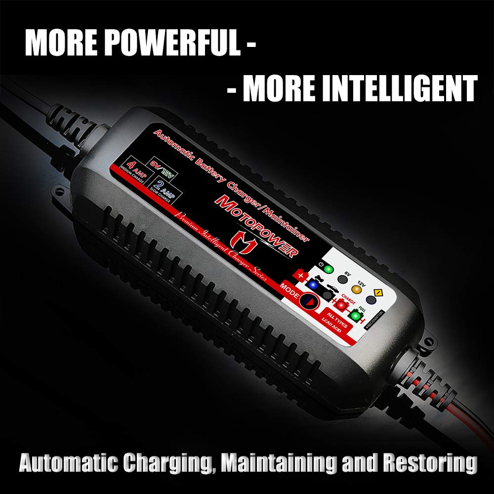 MOTOPOWER MP00207 6V and 12V 4AMP Automatic Smart Battery charger, Battery Maintainer, Battery Desulfator with Force charging Re