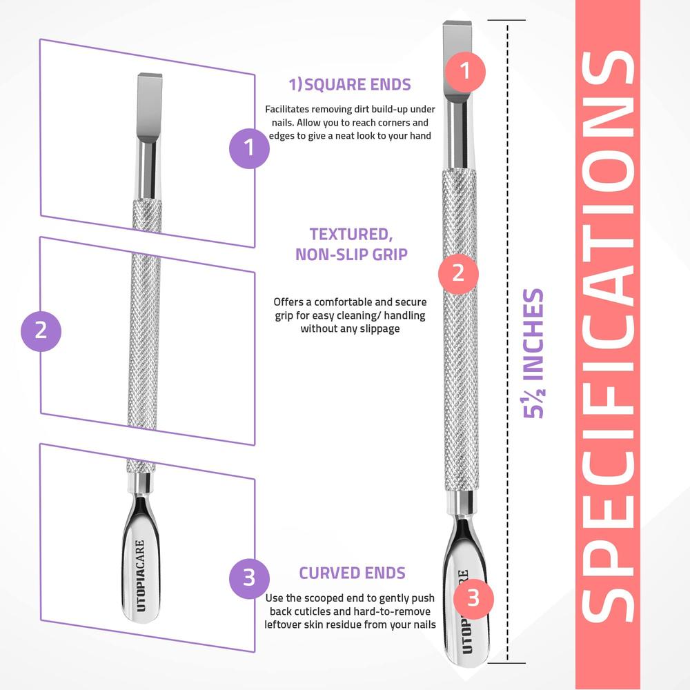 Utopia care cuticle Pusher and Spoon Nail cleaner - Professional grade Stainless Steel cuticle Remover and cutter - Durable Mani