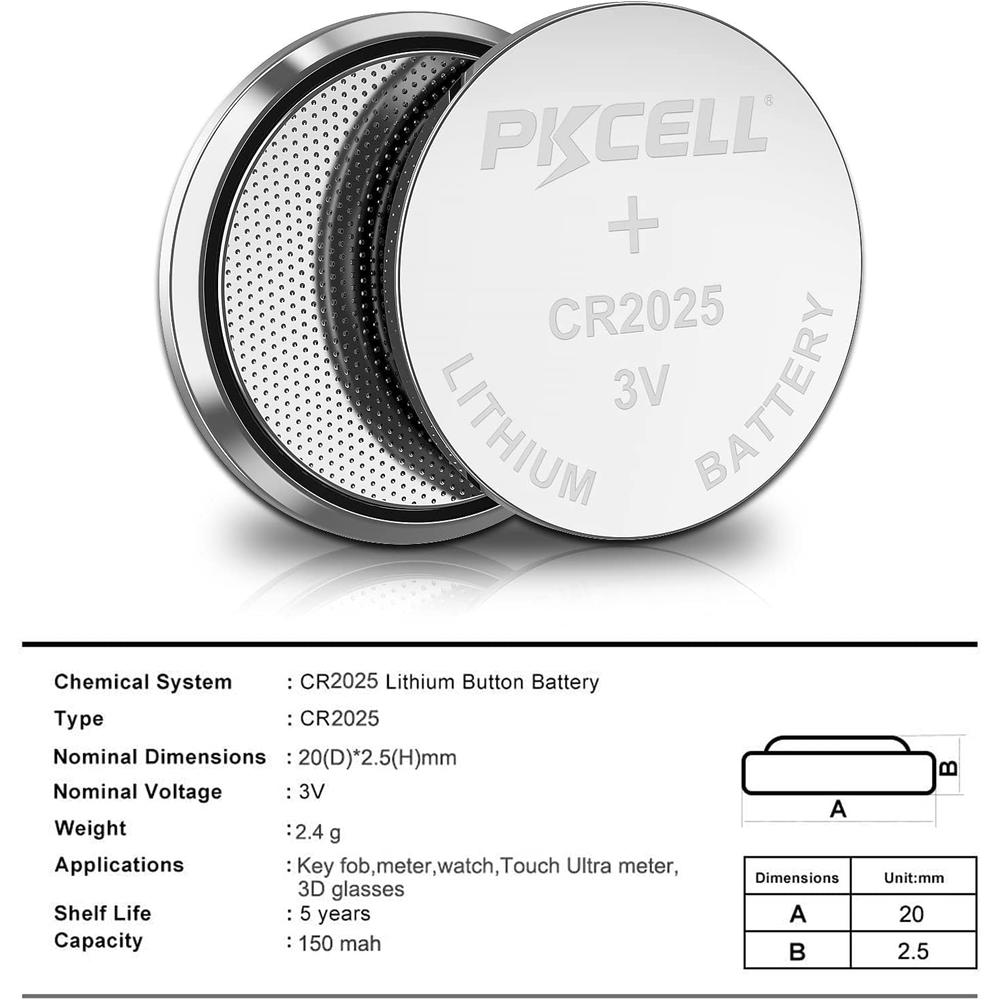 PKcELL 5 count cR2025 Battery,2025 3V Button cell Battery,Lithium Button cell Watches Battery,5-Year Warranty
