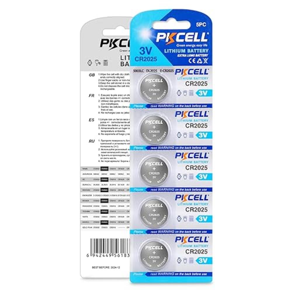 PKcELL 5 count cR2025 Battery,2025 3V Button cell Battery,Lithium Button cell Watches Battery,5-Year Warranty