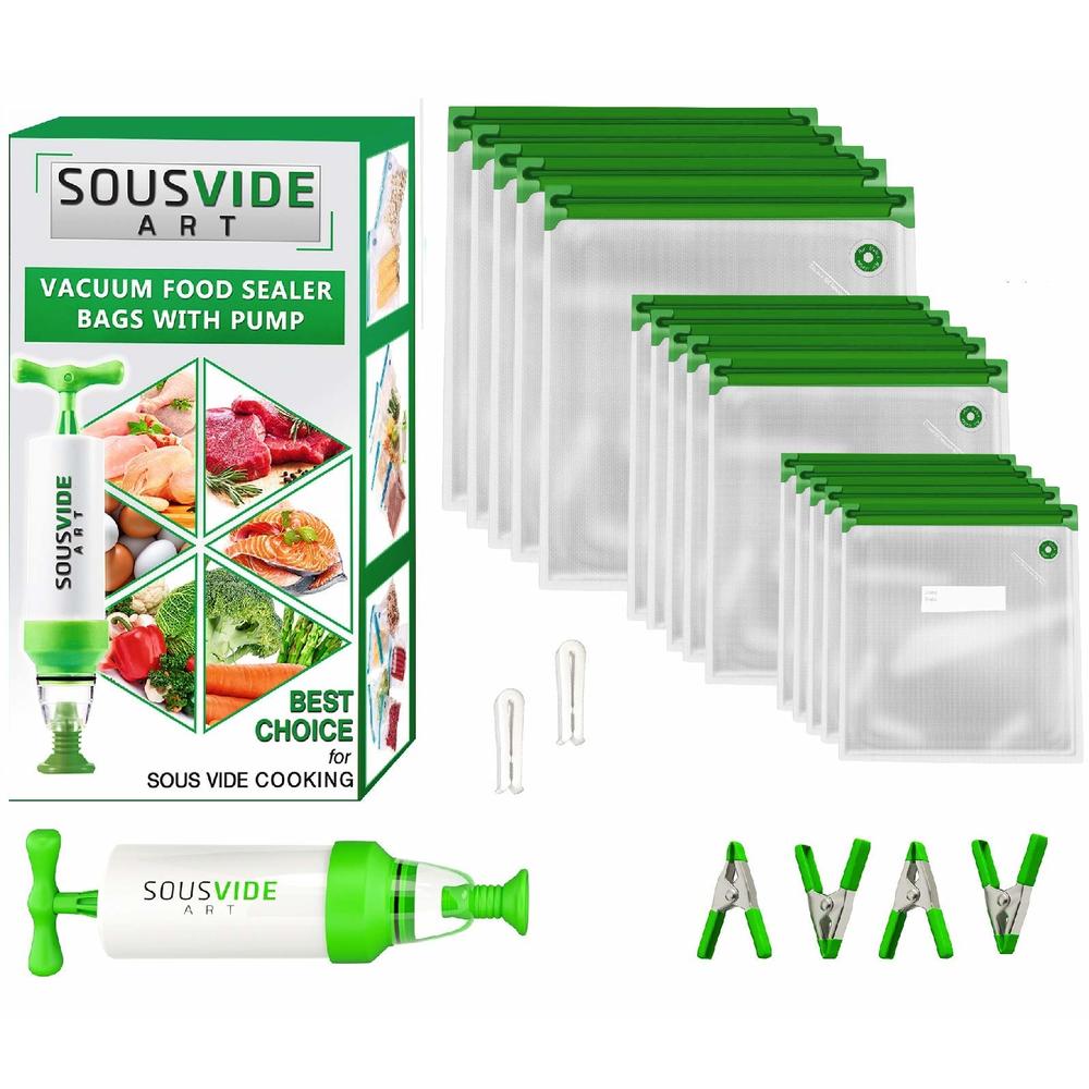 SOUSVIDE ART Reusable Vacuum Seal Bags With Vacuum Sealer, 37pcs - 30 Food cooking & Storage Bags of 3 Sizes wVacuum Pump & Sous