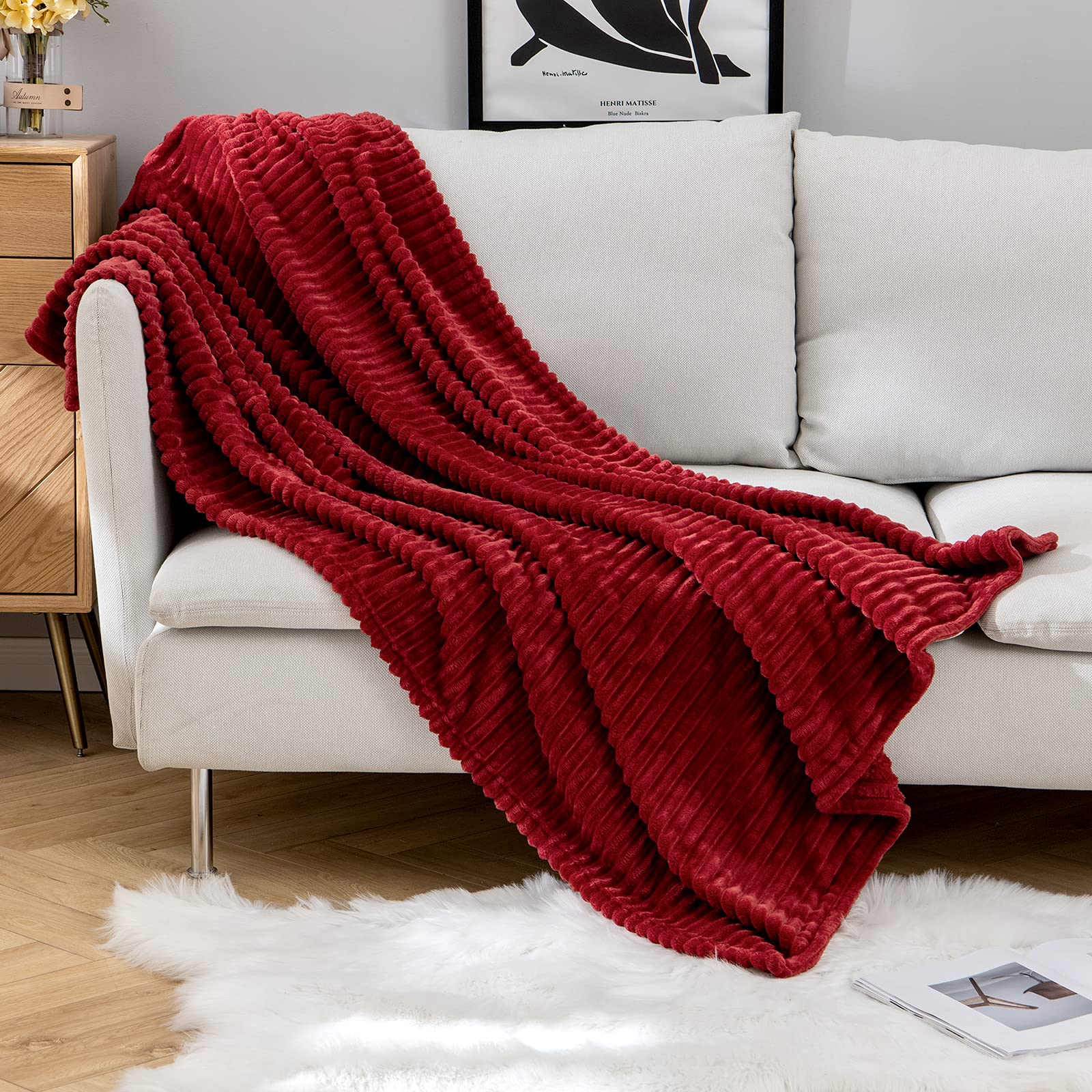 MIULEE christmas Fleece Throw Blanket for couch 300gSM Super Soft Lightweight Plush Striped Blanket, Burgundy Red Warm cozy Brea