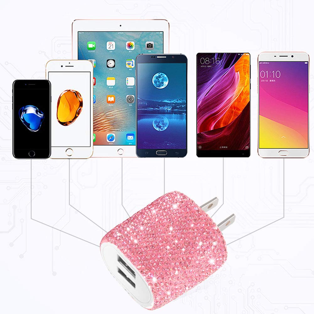 FEENM USB Wall charger Bling 5V24A 24W Dual Port Fast charger Plug cell Phone Block Adapter Pink for iPhone Android Samsung iPad Table