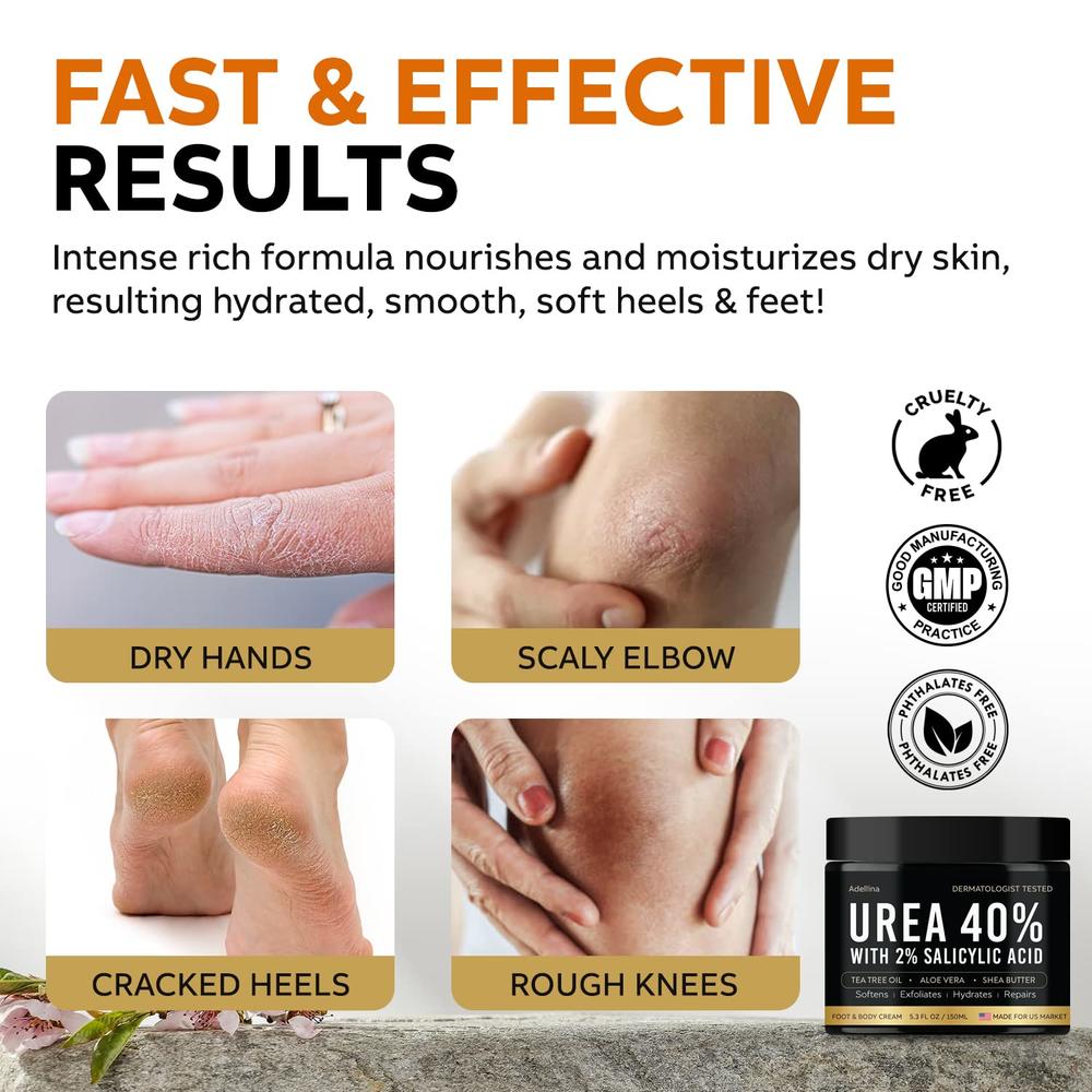Adellina Urea cream 40 Percent for Feet, Urea Foot cream for Dry cracked Heels Feet Knees Elbows, 40% Urea Foot Repair Lotion wi