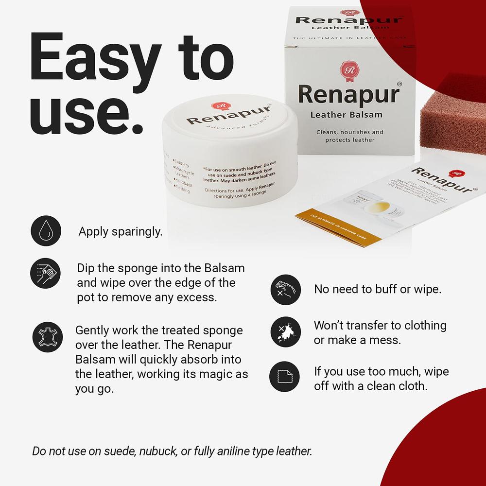 Renapur Ltd Renapur Leather Balsam, Natural conditioner, Protector and Restorer - for Leather Furniture, Footwear, Purses & Bags, car interi