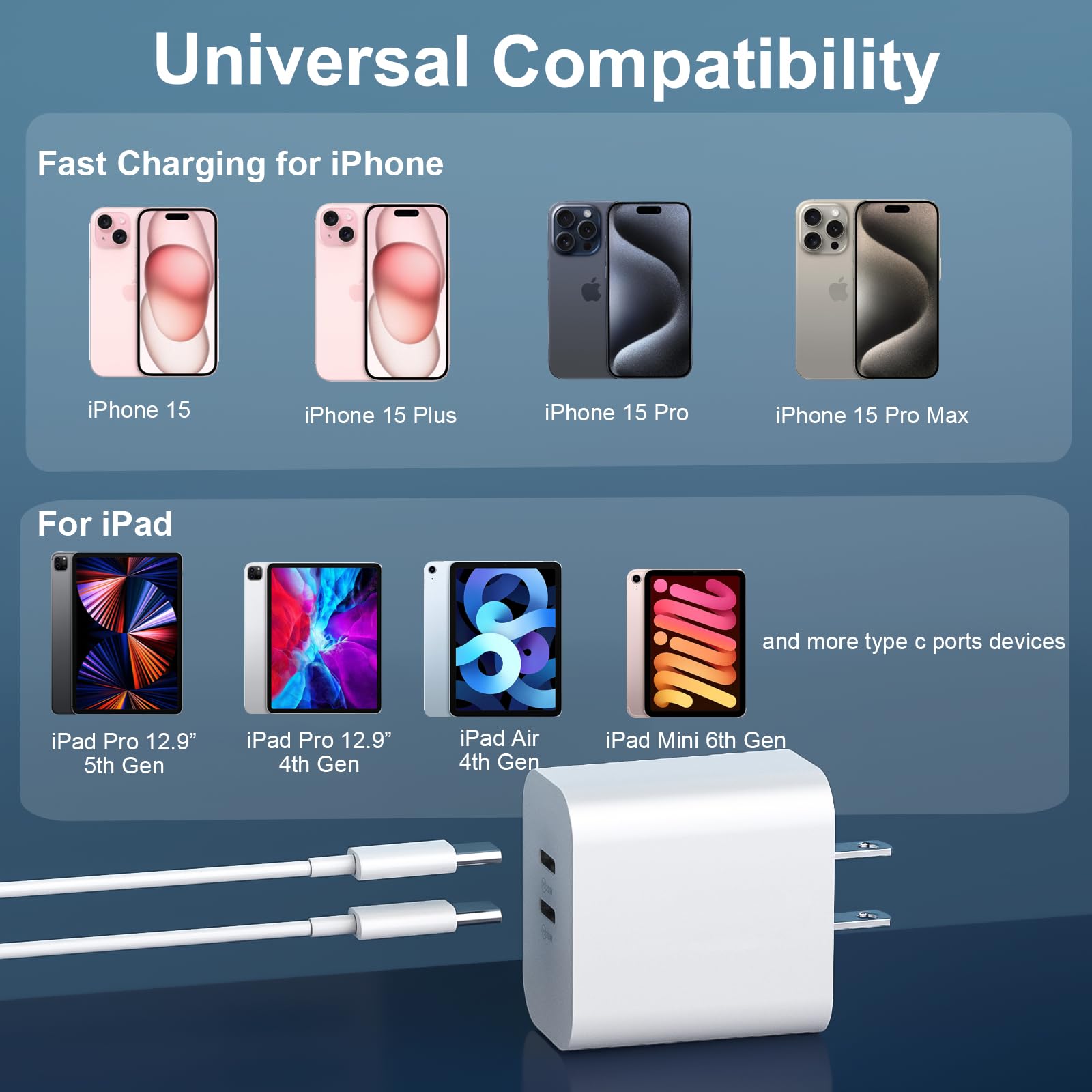 Auorld iPhone 15 charger Fast chargingMFi certified], 20W Dual Port USB c Fast charger Block with 10FT Long USB c to c charging cable c