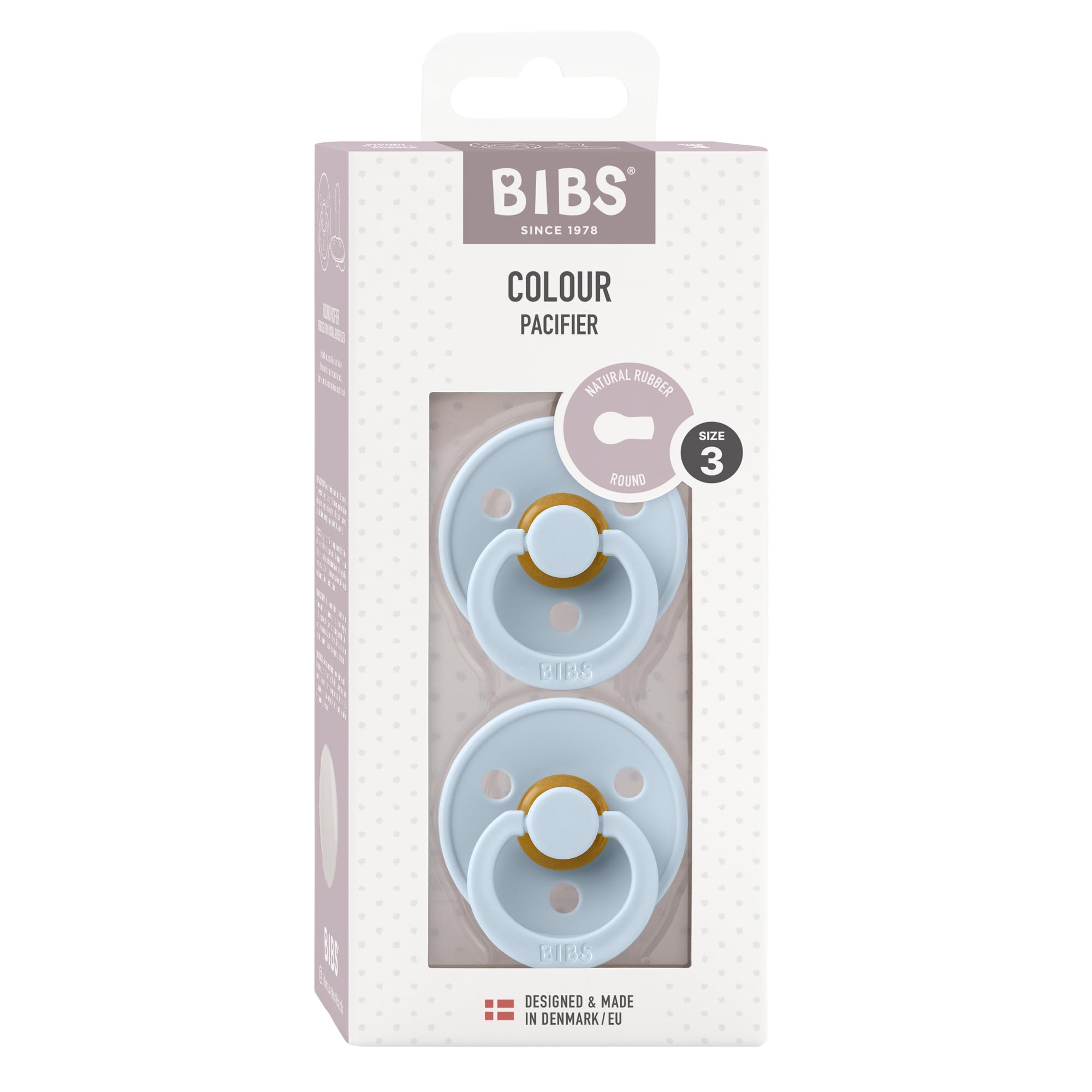 BIBS Pacifiers  Natural Rubber Baby Pacifier  Set of 2 BPA-Free Soothers  Made in Denmark  Baby Blue  Size 18-36 Months