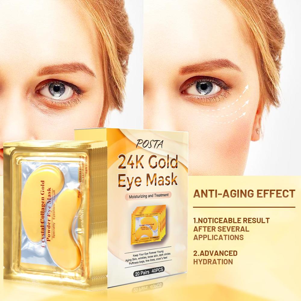 POSTA 24K gold Eye Mask, 20 Pairs Eye Treatment Mask With collagen, Under Eye Mask Treatment for Puffy Eyes, Dark circles correc