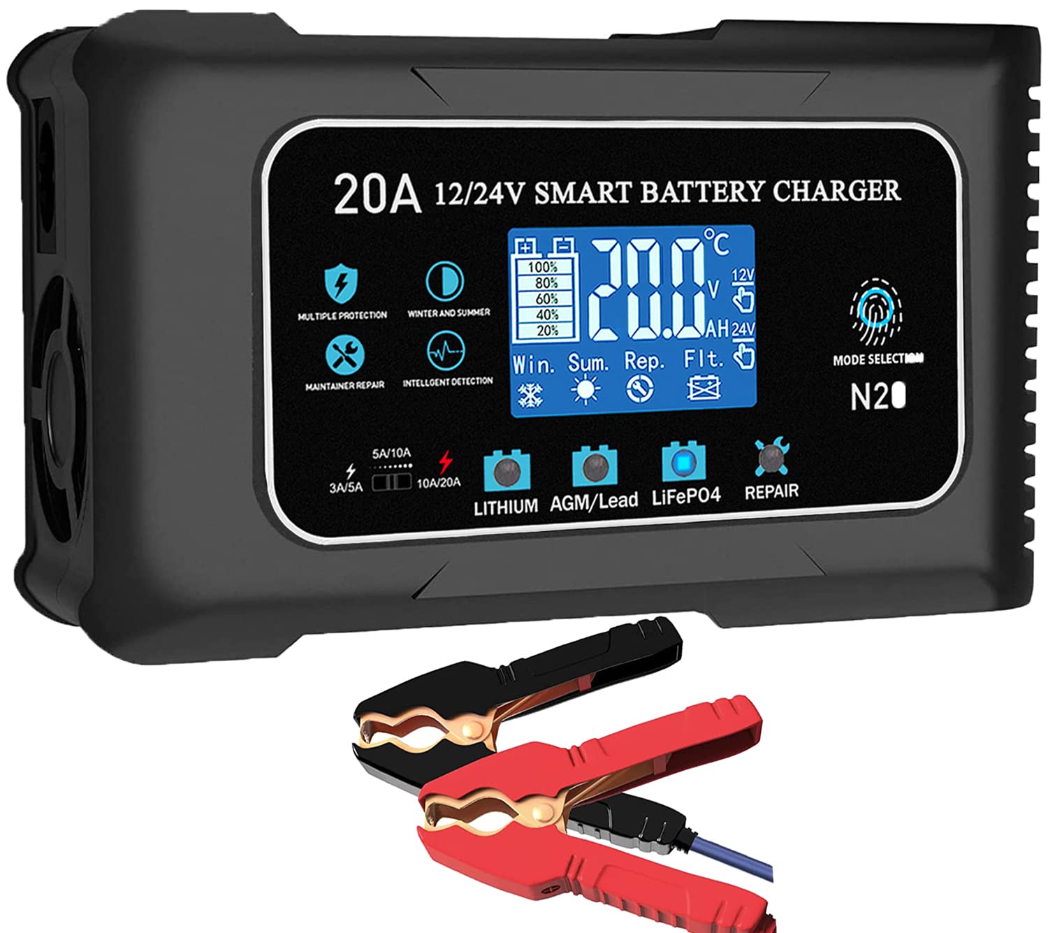DGHT 20-Amp Lifepo4 Lithium AgM gel Smart Battery charger, 12V20A 24V10A Trickle charger, Maintainer for car Boat Motorcycle, Lawn Mo