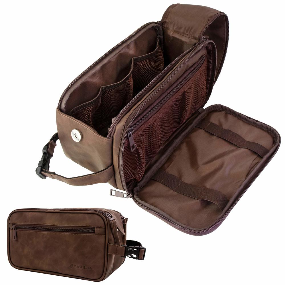 PAVILIA Toiletry Bag for Men, Travel Essentials Shaving Dopp Kit, Mens Travel Bag Toiletries Organizer case for grooming, PU Lea