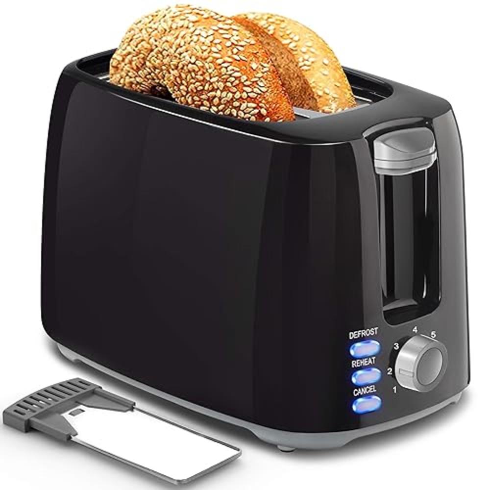 Hommater Toaster 2 Slice - Black Toaster Best Rated Prime Wide Slot 2 slice Toaster Bagel Function, 7 Bread Shade Settings, Removable cru