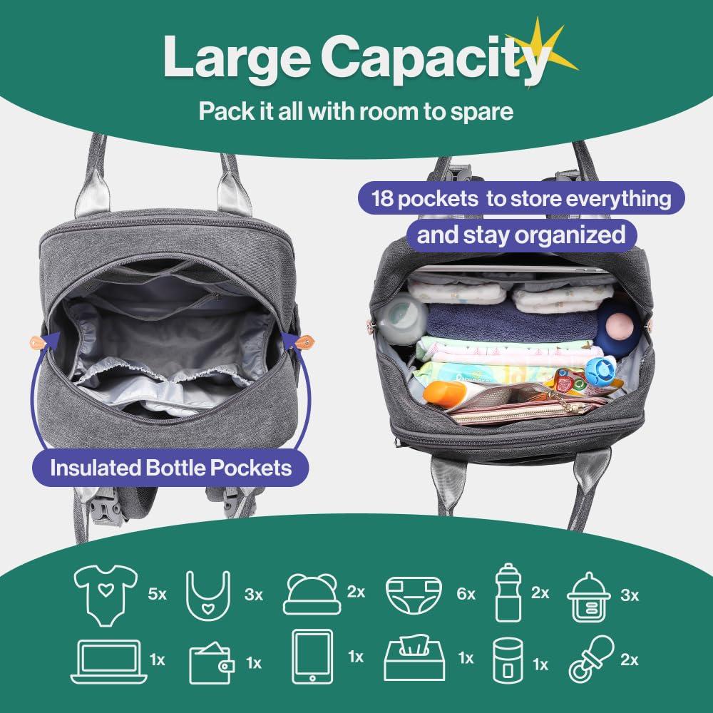 BabbleRoo Diaper Bag Backpack - Multi function Waterproof Diaper Bag, Travel Essentials Baby Tote with changing Pad, Stroller St