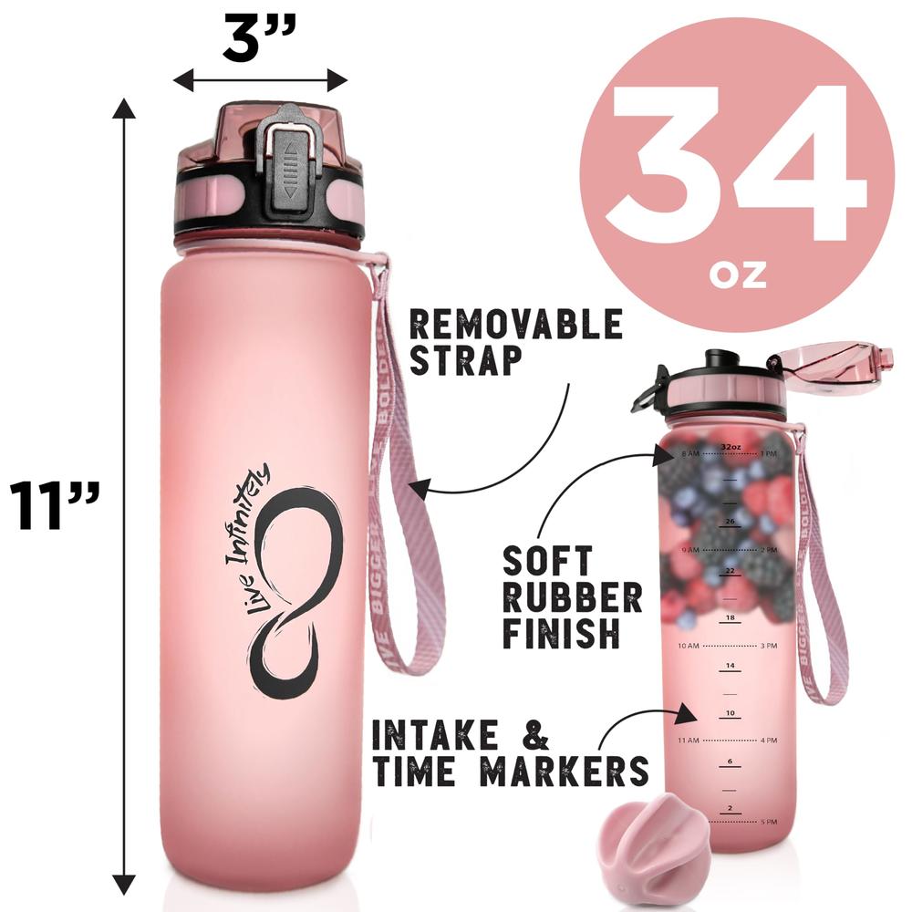 Live Infinitely 34 oz Insulated Water Bottle with 32 oz Timed Marker - cute gym Water Bottles with Fruit Infuser & Shaker - For 