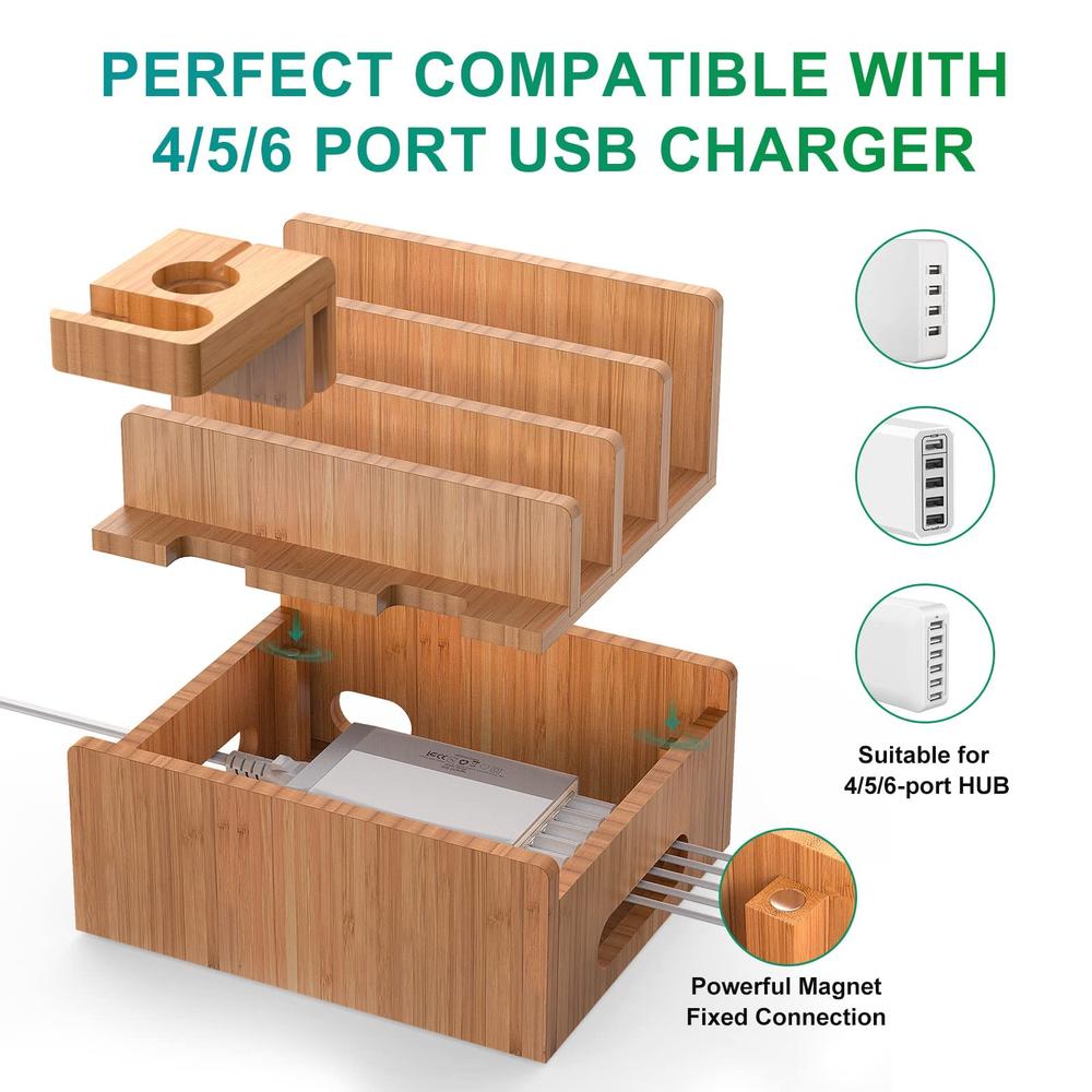 Pezin & Hulin Bamboo charging Station for Multiple Devices with 5 Port USB charger, 6 cables and Smart Watch & Earbuds Stand Pezin & Hulin Des