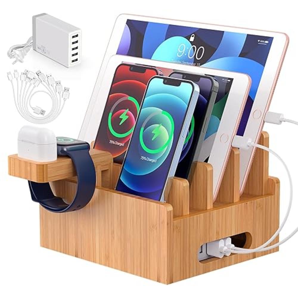 Pezin & Hulin Bamboo charging Station for Multiple Devices with 5 Port USB charger, 6 cables and Smart Watch & Earbuds Stand Pezin & Hulin Des