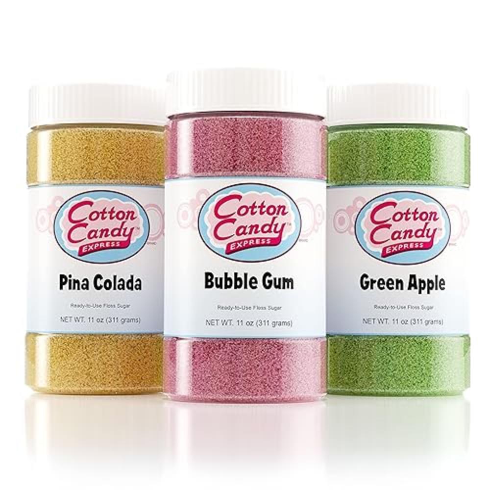 cotton candy Express Floss Sugar Variety Pack with 3 - 11oz Plastic Jars of Bubble gum, green Apple, Pina colada Flossing Sugars