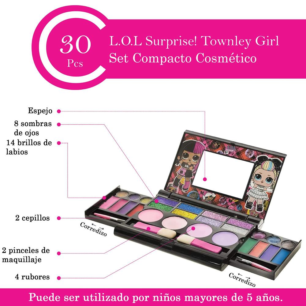 Townley Girl LOL Surprise cosmetic compact Set Includes Mirror, 14 Lip glosses, 8 Eye Shadow, 4 Blushes & 4 Brushes Safe & Non-Toxic colorful