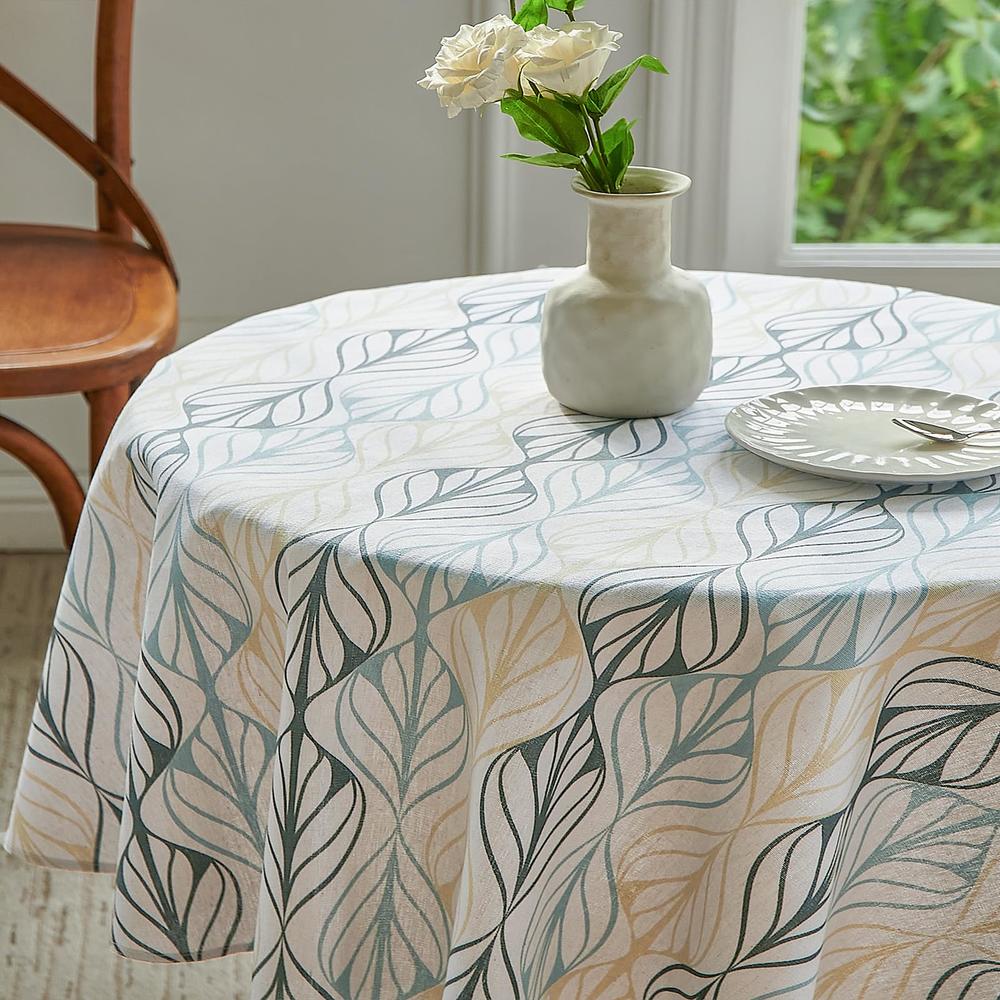 Wracra Stripe Leaves Tablecloth cotton Linen Vintage 55 Inch Round Table cloth Indoor Outdoor Table cover Suitable for Party,Pic
