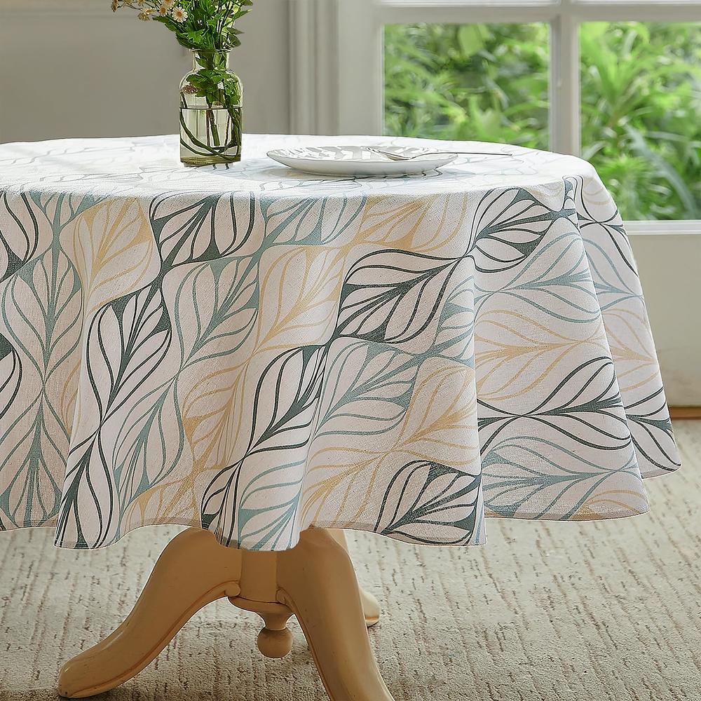 Wracra Stripe Leaves Tablecloth cotton Linen Vintage 55 Inch Round Table cloth Indoor Outdoor Table cover Suitable for Party,Pic