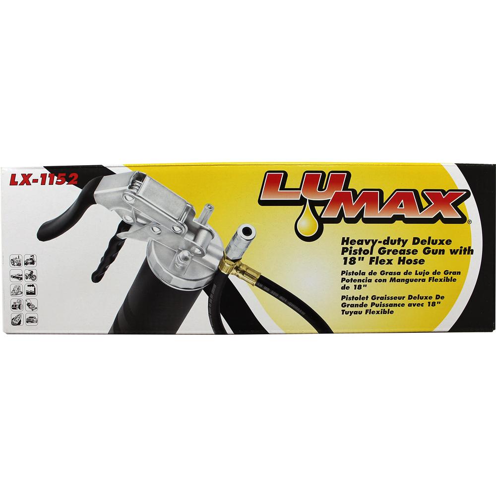 LUMAX LX-1152 Black Heavy Duty Deluxe Pistol grease gun with 18 Flex Hose, Handy 3-Way Loading - Fill with Standard cartridge, S