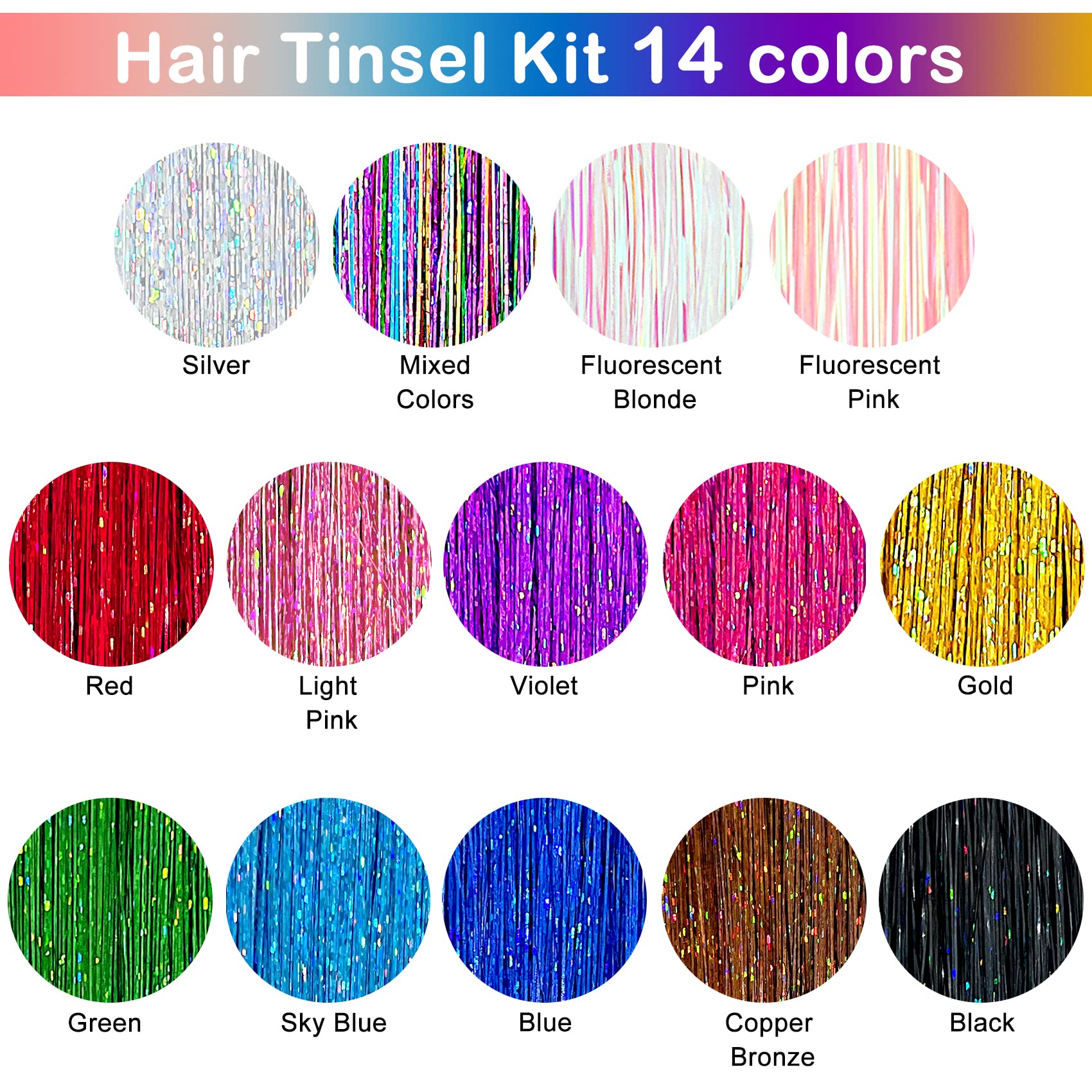 ALFIE DARLING Hair Tinsel Kit (48 Inch,14 colors, 3500 strands), Tinsel Hair Extensions with Tools, Heat Resistant Fairy Hair Tinsel Kit for W