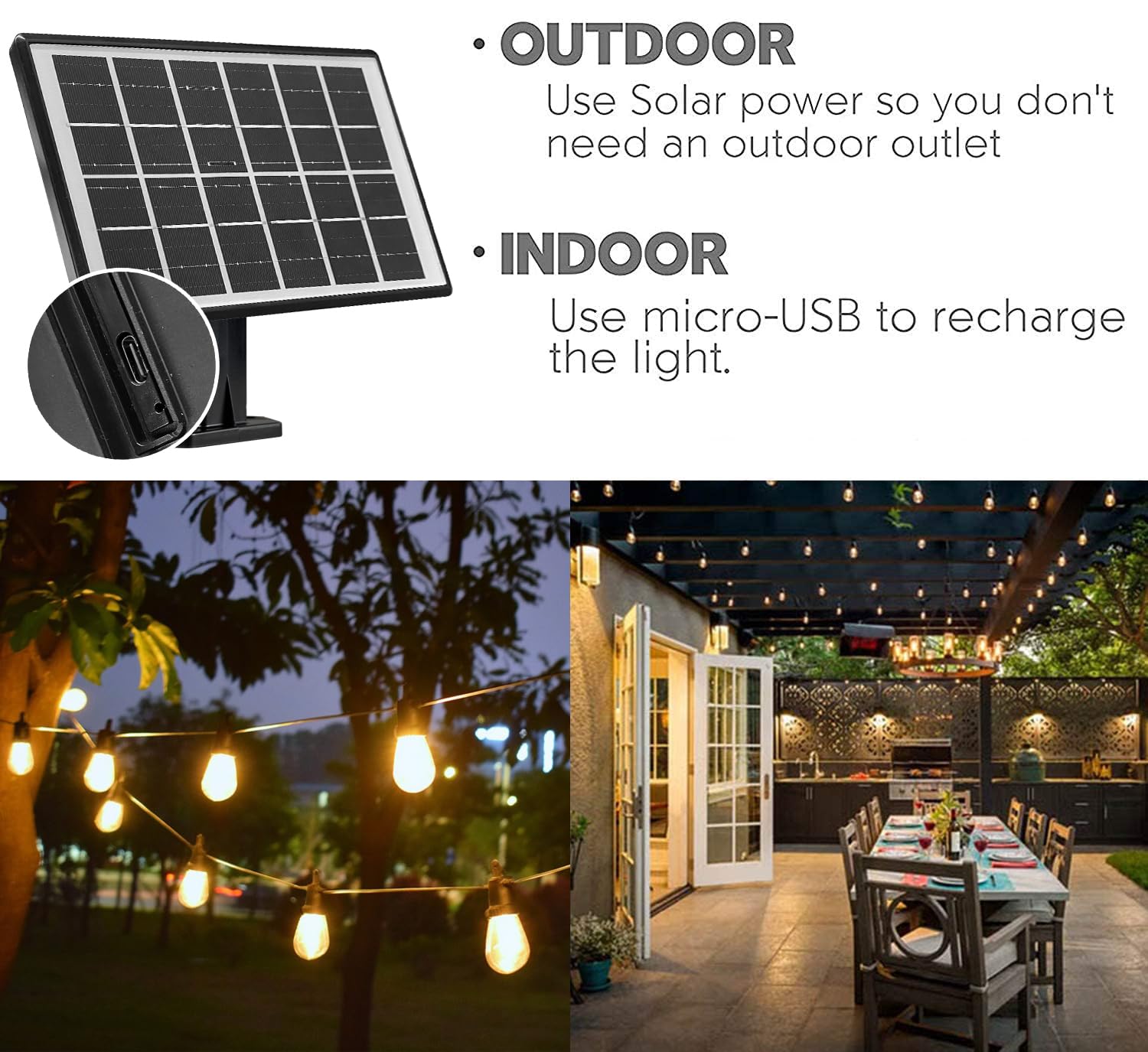 SUNTHIN Outdoor Solar String Lights, 48ft Solar Patio Lights with USB Rechargeable, Waterproof & Shatterproof Solar Powered Bulb