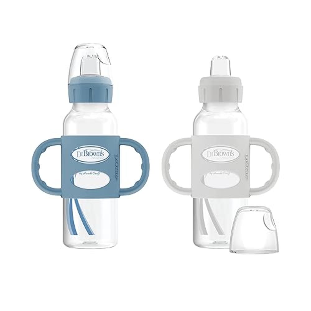 Dr. Brown's Dr Browns Milestones Narrow Sippy Bottle with 100% Silicone Handles, Easy-grip Bottle with Soft Sippy Spout, 8oz250mL, BPA Free,