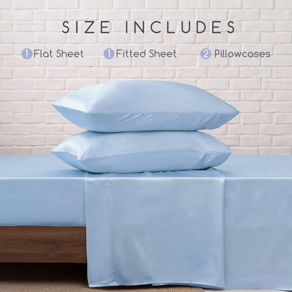MR&amp;HM MR&HM Satin Bed Sheets, King Size Sheets Set, 4 Pcs Silky Bedding Set with 15 Inches Deep Pocket for Mattress (King, Light Blue)