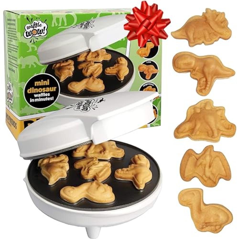 Waffle Wow! Dinosaur Mini Waffle Maker - 5 Different 3D Shaped Dinos in Minutes- Make Fun Holiday Breakfast for Kids, Adults w cool Novelty 