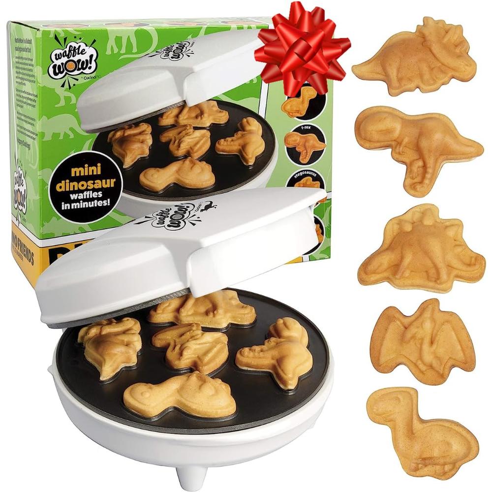 Waffle Wow! Dinosaur Mini Waffle Maker - 5 Different 3D Shaped Dinos in Minutes- Make Fun Holiday Breakfast for Kids, Adults w cool Novelty 