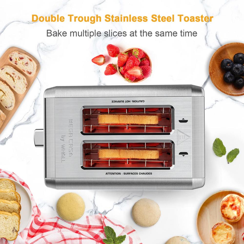 whall Toaster 2 slice Stainless Steel Toasters with Bagel, cancel, Defrost Function, 15in Wide Slot, 6 Shade Settings, Removable