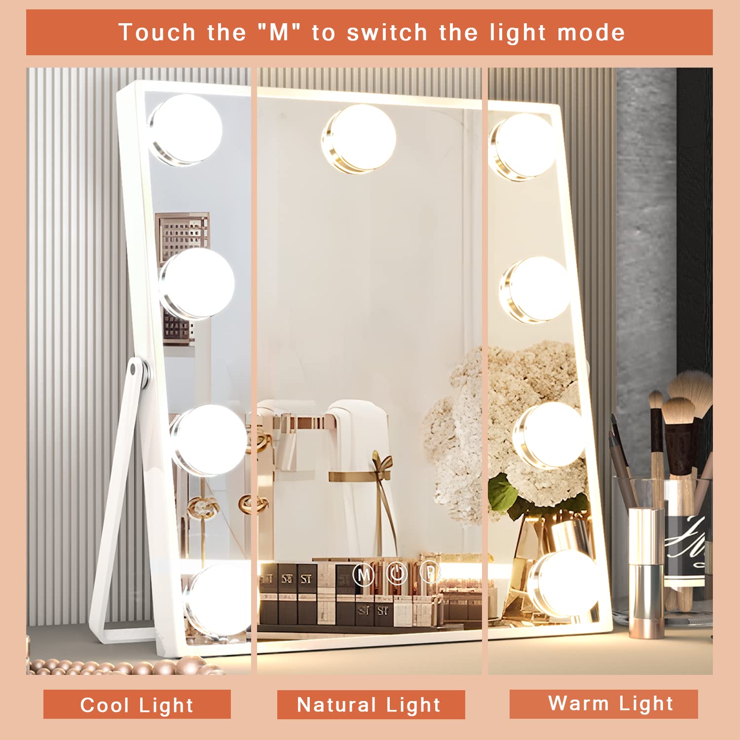 Manocorro Hollywood Vanity Mirror with Lights, Hollywood Makeup Mirror with 9 LED Bulbs, Vanity Mirror with 3 color Lighting Mod