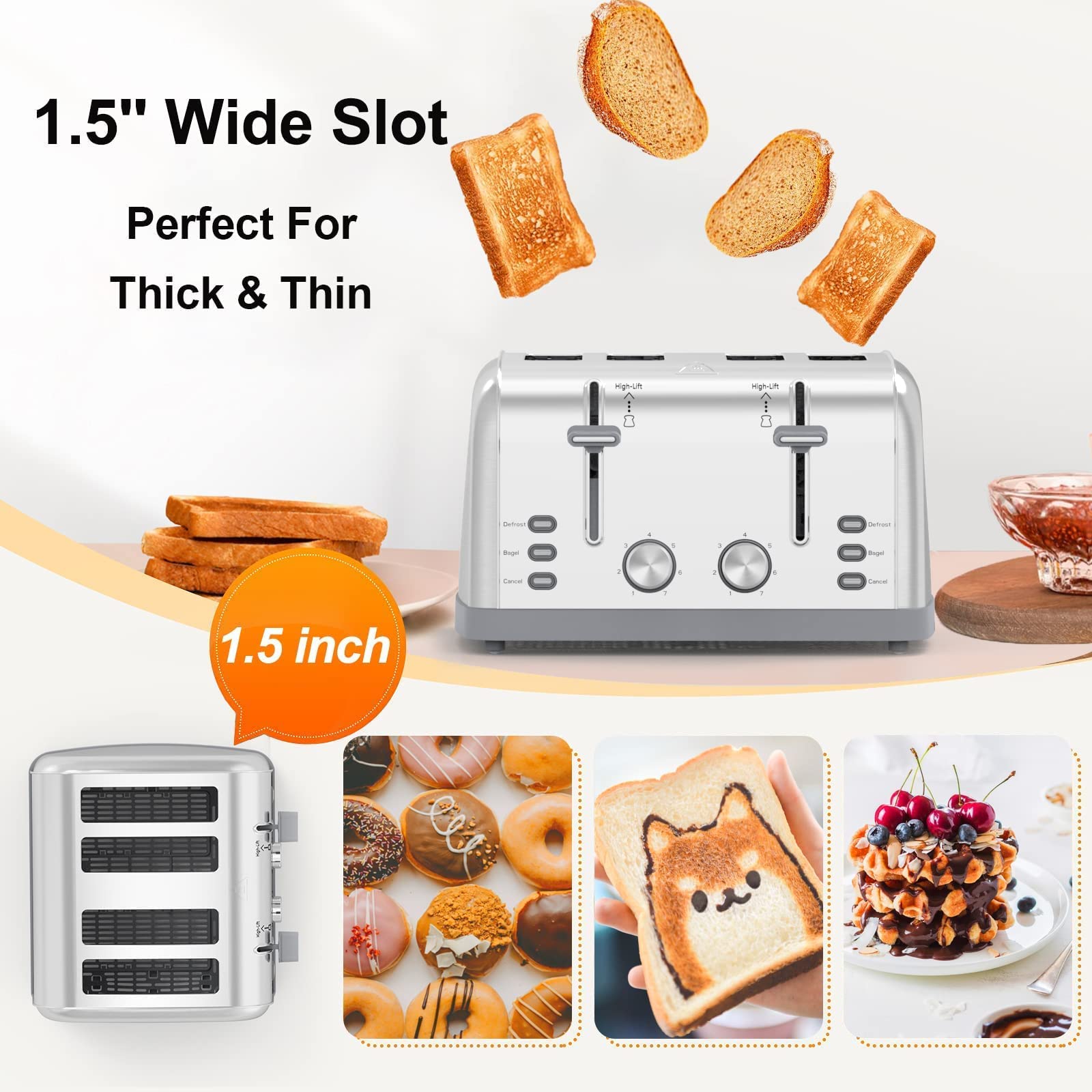 LAINSTEN Toaster 4 Slice,Retro Stainless Steel Toater with 7 Shade Settings,Best Prime Toaster for Waffles, 4 Slice Toaster with 3 Mode,B