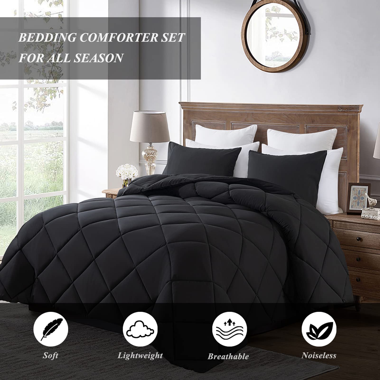 ELNIDO QUEEN Black King comforter Set with 2 Pillow Shams - 3 Pieces Bed comforter Set - Quilted Down Alternative comforter Set 
