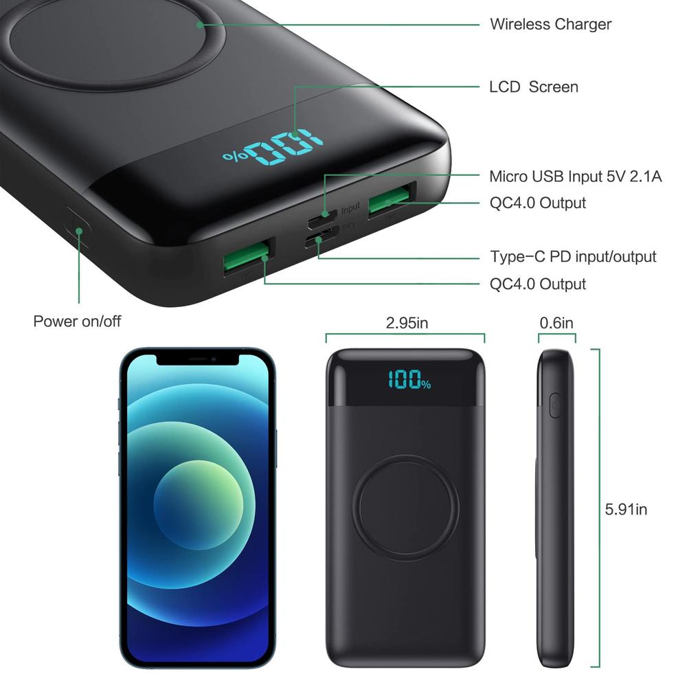FOCHEW Wireless Portable charger 30,800mAh 15W Wireless charging 25W PD Qc40 Fast charging Smart LED Display USB-c Power Bank, 4 Output