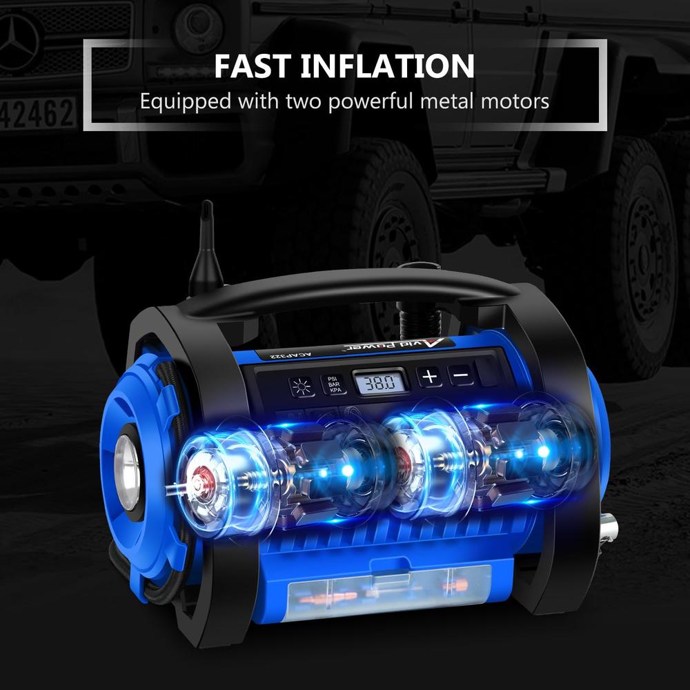 AVID POWER Tire Inflator Portable Air compressor, 12V Dc  120V Ac car Tire Pump, Air Mattress Pump with Inflation and Deflation 