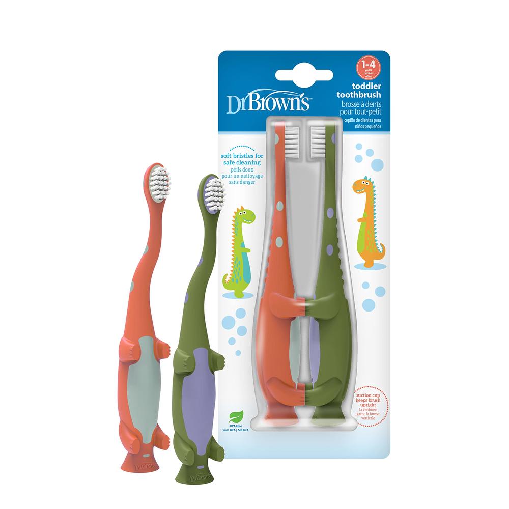 Dr. Brown's Dr Browns Baby and Toddler Toothbrush, green and Orange Dinosaur 2-Pack, 1-4 Years