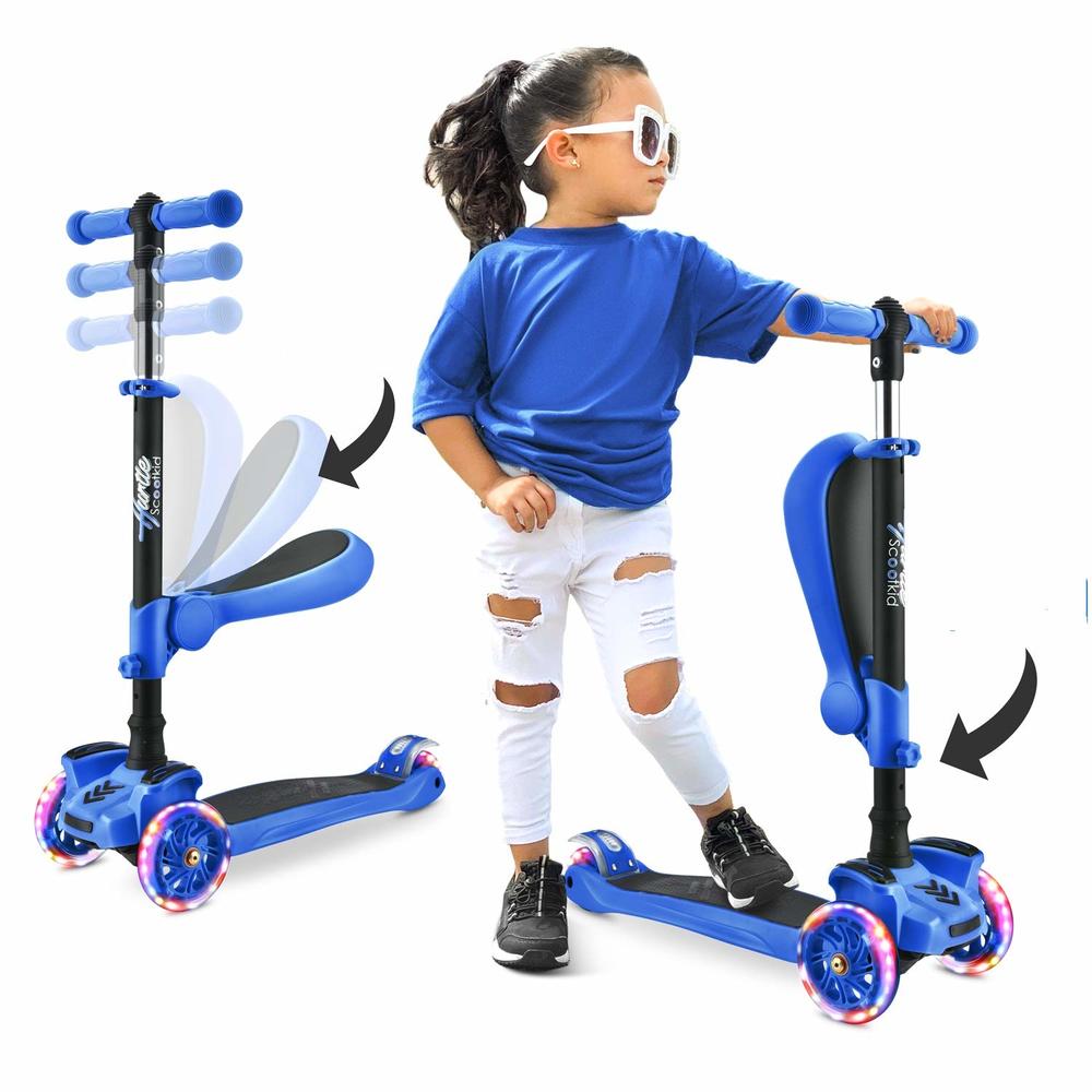 Hurtle 3-Wheeled Scooter for Kids - Wheel LED Lights, Adjustable Lean-to-Steer Handlebar, and Foldable Seat - Sit or Stand Ride 