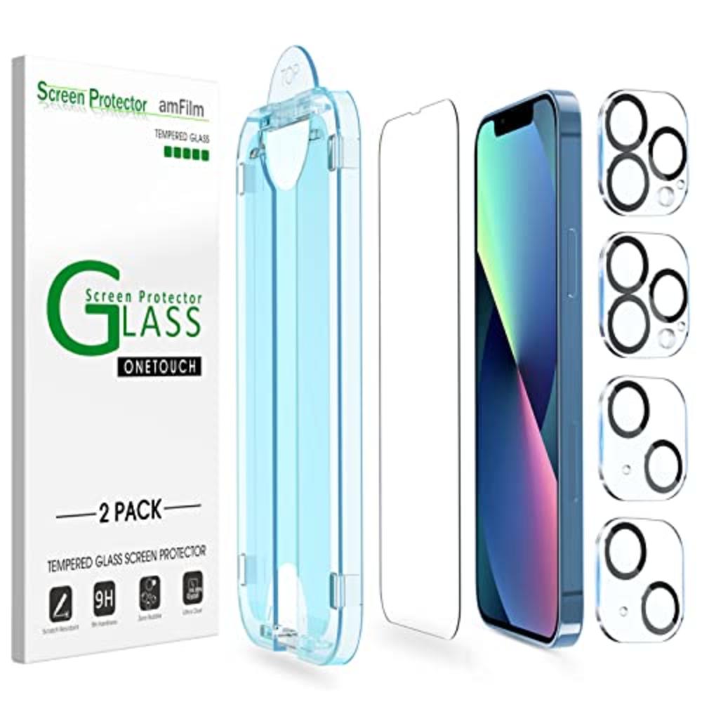 amFilm Screen Protector OneTouch compatible with iPhone 13, iPhone 13 Pro (61, 2021) Tempered glass and camera Lens Protector, E