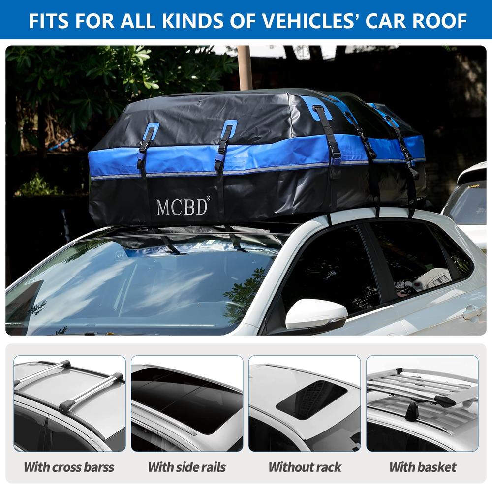 McBD Rooftop cargo carrier, 21 cubic Feet Soft-Shell Waterproof car Roof Luggage Bag for All Vehicles SUV withWithout Rails, Includes