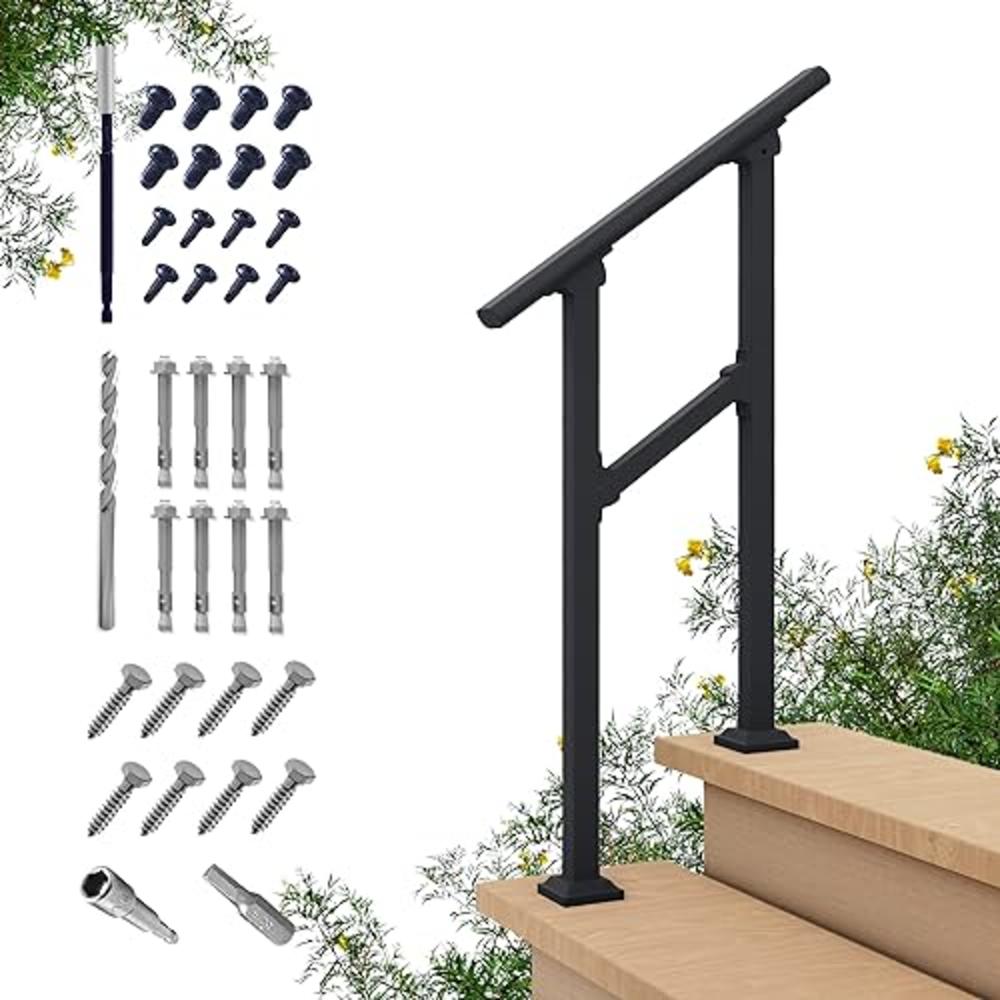 cHR 2 Steps Outdoor Handrails for Outdoor Steps, Black Wrought Iron Hand Rail Stair Railing Kit (1-2 Steps Handrail)