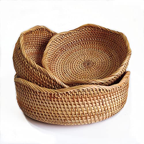 YANGQIHOME Rattan Round Fruit Baskets, Bread Basket, Wicker Storage Bowls, Natural Woven Serving Basket Bowls, Decorative Baskets for Kitch