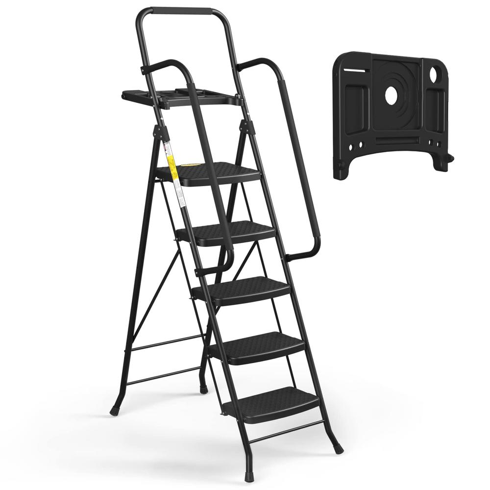HBTower 5 Step Ladder with Handrails, Folding Step Stool with Tool Platform, 330 LBS Portable Steel Ladder for Adults for Home K