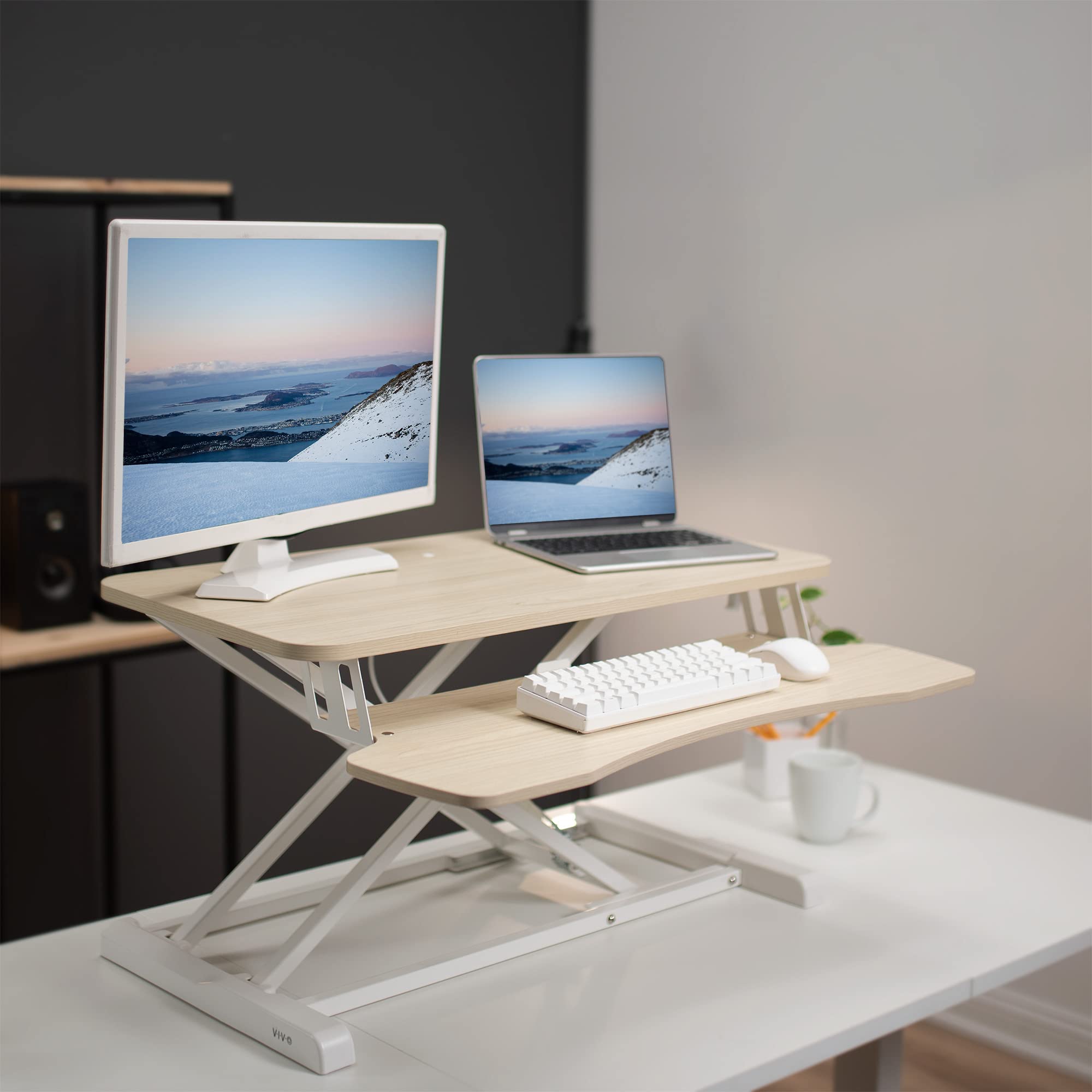 VIVO 32 inch Desk converter, K Series, Height Adjustable Sit to Stand Riser, Dual Monitor and Laptop Workstation with Wide Keybo