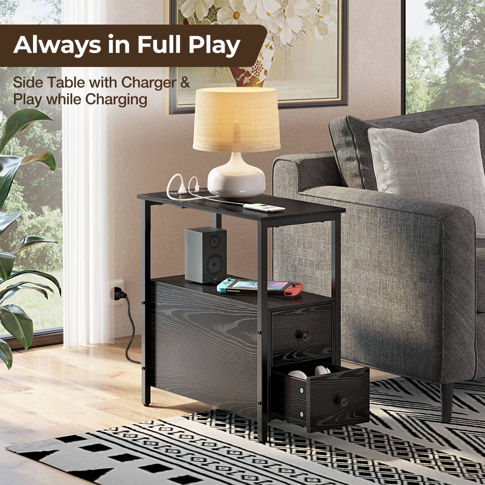 Rolanstar End Table with charging Station, Narrow Side Table with 2 Wooden Drawers, USB Ports and Power Outlets, Nightstand Sofa