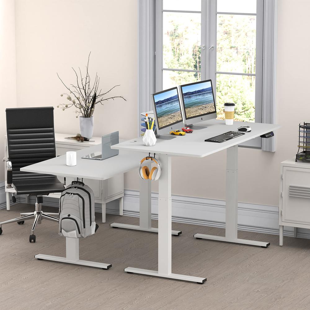 SHW Electric Height Adjustable Standing Desk with Hanging Hooks and cable Management, 55 x 28 Inches, White
