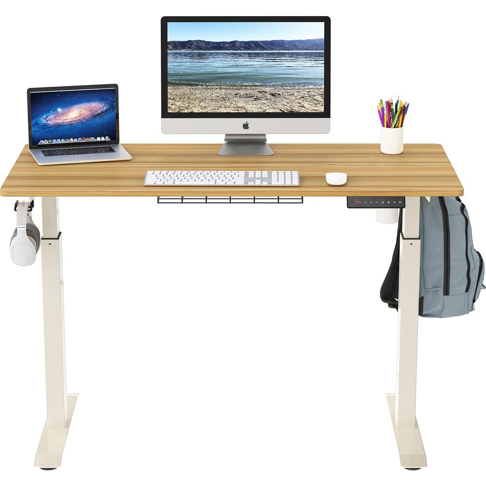 SHW Electric Height Adjustable Standing Desk with Hanging Hooks and cable Management, 48 x 24 Inches, Oak