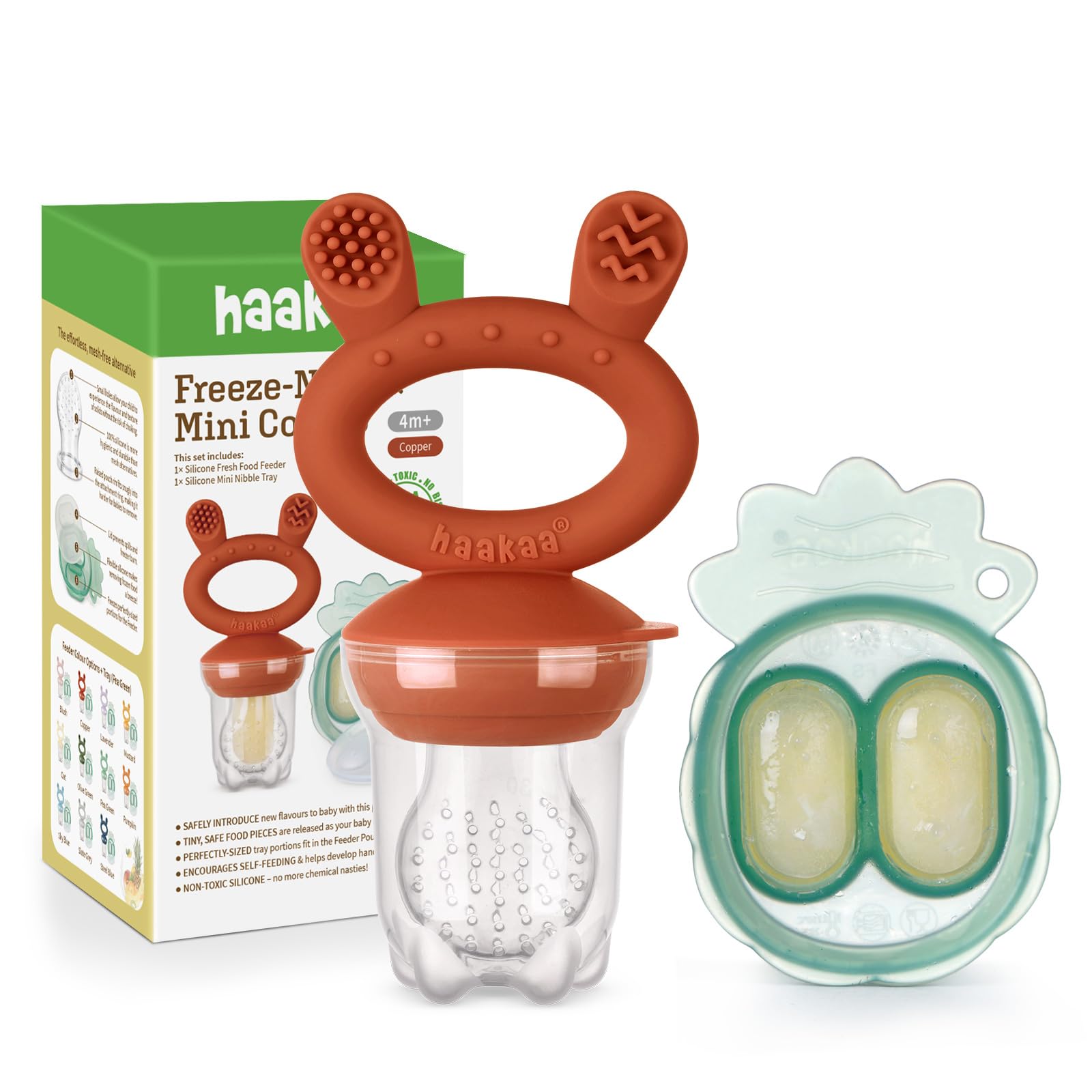 Haakaa Baby Fruit Food Feeder & Mini Freezer Nibble Tray Combo, Breastmilk Popsicle Molds for Baby Cooling Relief, BPA Free Sili