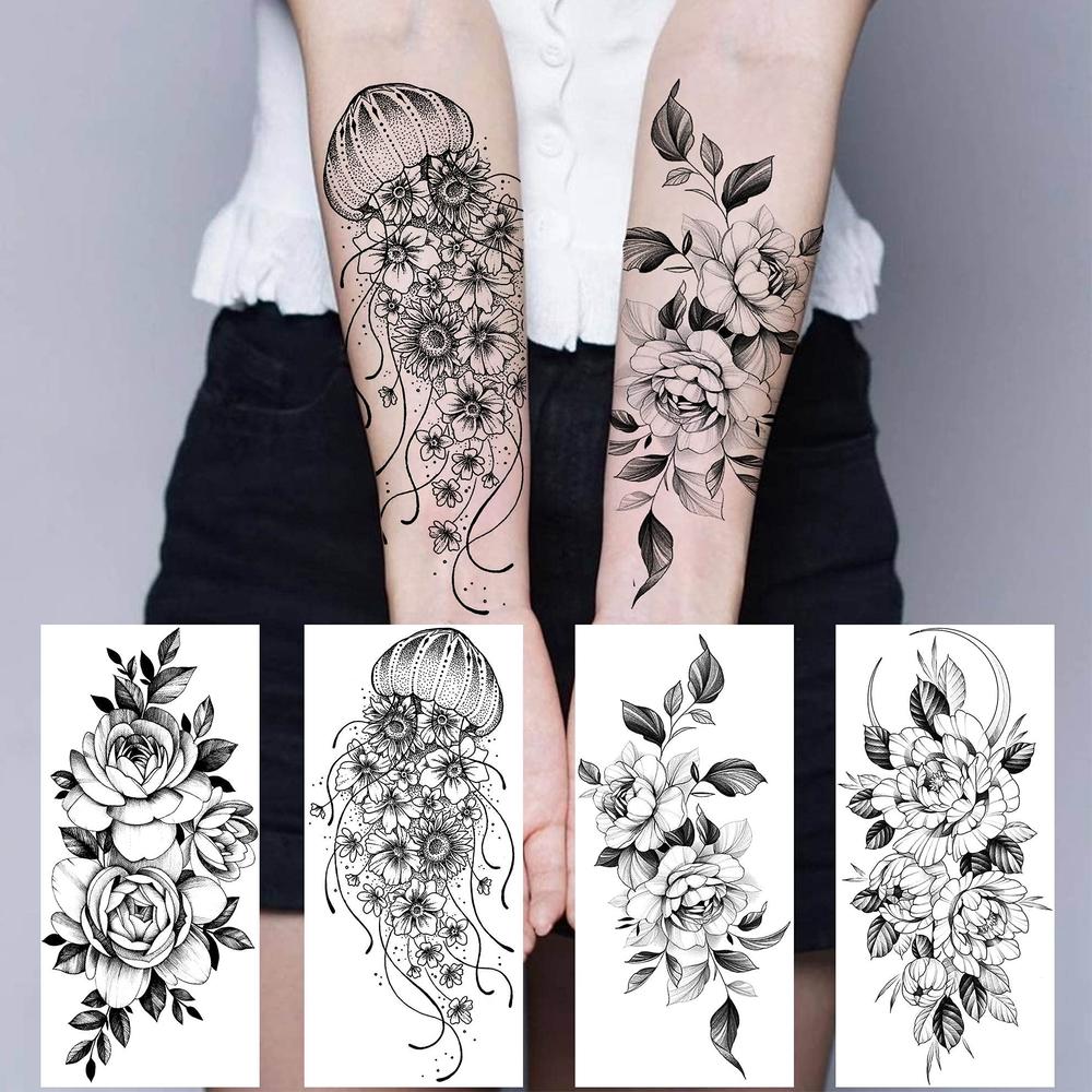 Bilizar 64 Sheets Long Lasting Flower Temporary Fake Tattoos For Women Arm Neck, Jellyfish Sunflower Moon Rose For Adults girl, 