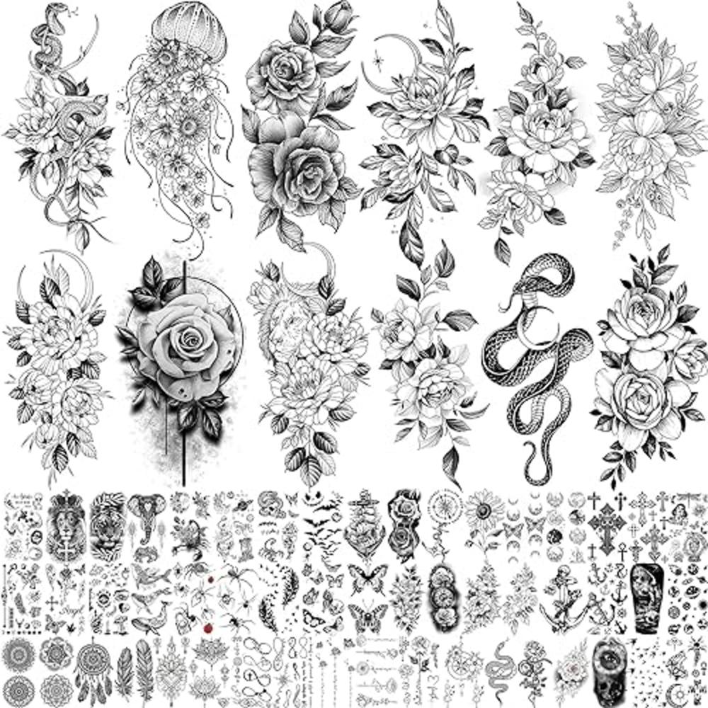 Bilizar 64 Sheets Long Lasting Flower Temporary Fake Tattoos For Women Arm Neck, Jellyfish Sunflower Moon Rose For Adults girl, 